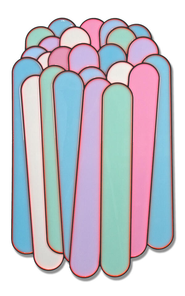 Daniel Engelberg, Sticks #29, Holz, Acrylfarbe und Epoxidharz, 117x74x2 cm, 2024